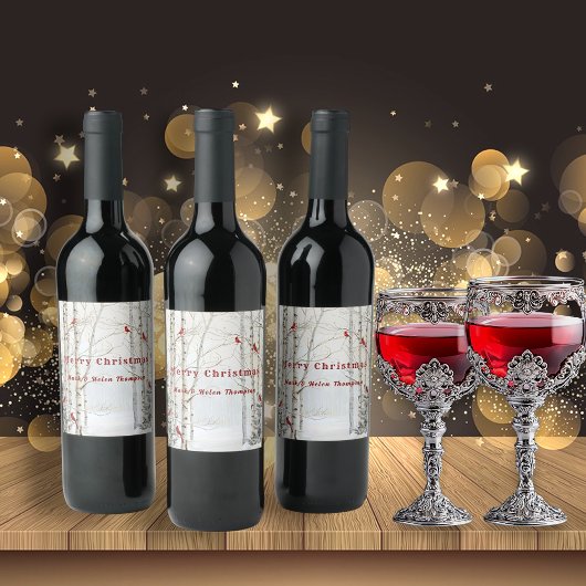 Witte berkenbomen Winter Forest rode kardinalen Wijn Etiket