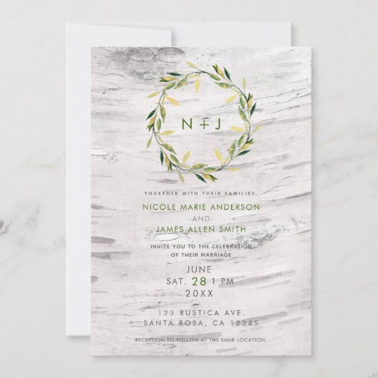 Witte Berkenhouten Landelijke Krans Bruiloft Kaart (Voorkant)