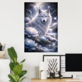 Witte Beschermwolf Onder de Maan Poster (Thuiskantoor)