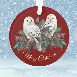 Witte besneeuwde uilen in bessen op Bourgogne Kers Ornament