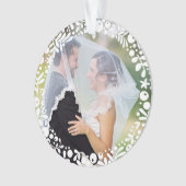 Witte bessen ingelijst bruiloft foto eerste kerst ornament (voorkant)