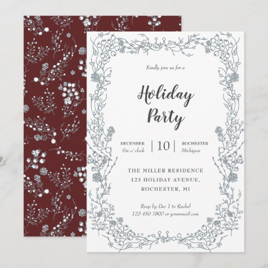 Witte bessen lijst op fluwelen rood vakantie feest kaart (Voorkant / Achterkant)