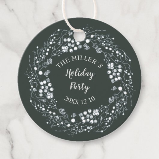 Witte bessen winterkrans op fluweelgroen bedankjes labels (Voorkant)