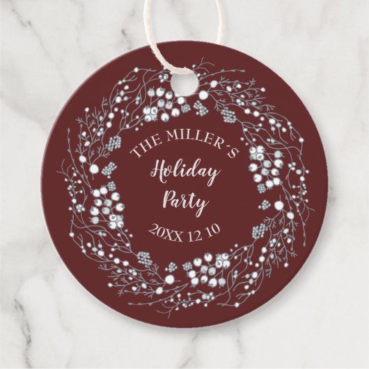 Witte bessen winterkrans op maroon rood bedankjes labels (Voorkant)