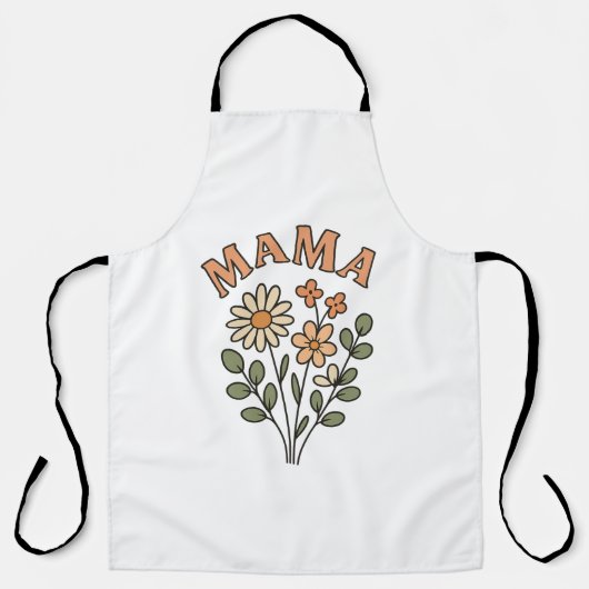Witte bib MAMA schort met retro boeket wilde bloem (Voorkant)
