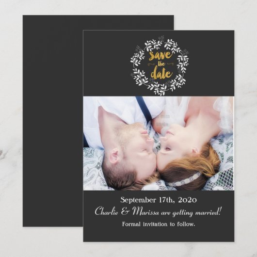 Witte bladeren Botanische spiegel BEWAREN DE DATUM Kaart (Voorkant / Achterkant)