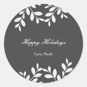 Witte bladeren en grijze moderne botanische sticke ronde sticker