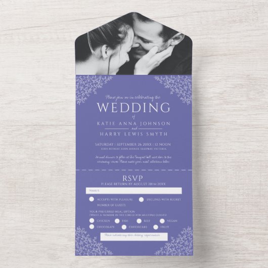 witte bladeren fotomaaltijd RSVP bruiloft All In One Uitnodiging (Binnen)