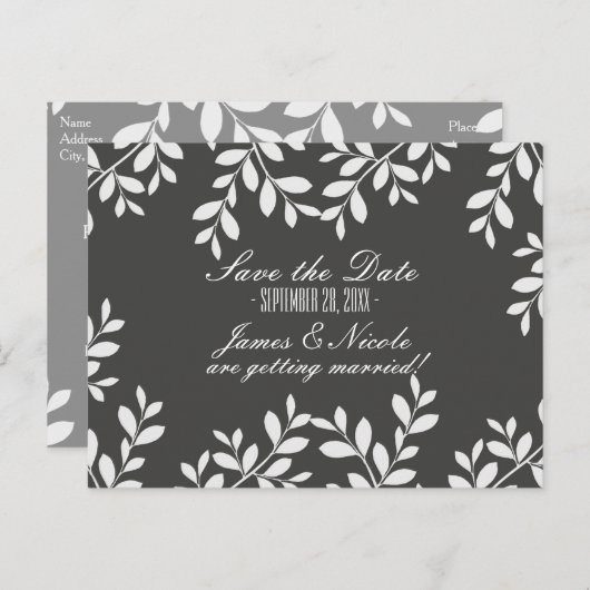 Witte bladeren & Grijs modern botanisch ansichtkaa Aankondigingskaart (Voorkant / Achterkant)