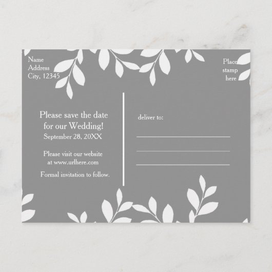 Witte bladeren & Grijs modern botanisch ansichtkaa Aankondigingskaart (Achterkant)