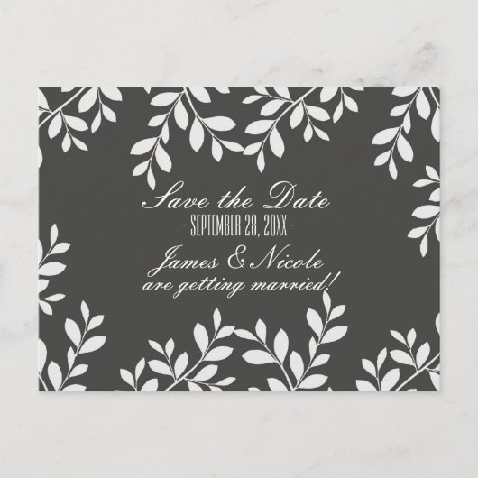 Witte bladeren & grijze moderne botanische ansicht aankondigingskaart (Voorkant)