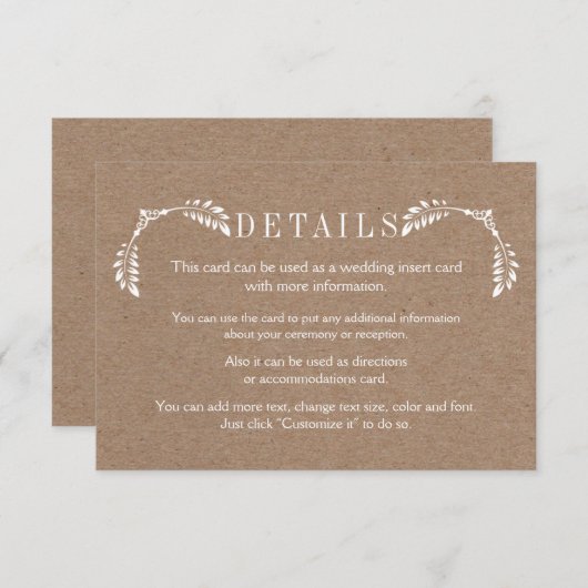 Witte bladeren karton trouwdetails insert kaart (Voorkant / Achterkant)