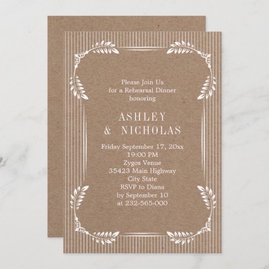 Witte bladeren met kraft paper bruiloft, diner kaart (Voorkant / Achterkant)