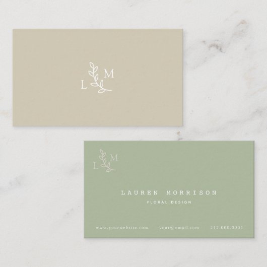 Witte Bladeren Monogram Beige & Groen Visitekaartj Visitekaartje (Voorkant / Achterkant)