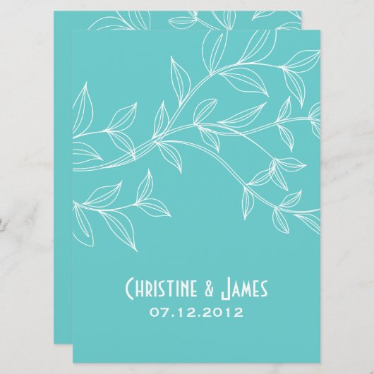 Witte bladeren op aqua, subtiele trouwuitnodiging kaart (Voorkant / Achterkant)