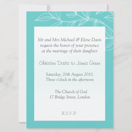 Witte bladeren op aqua, subtiele trouwuitnodiging kaart (Achterkant)