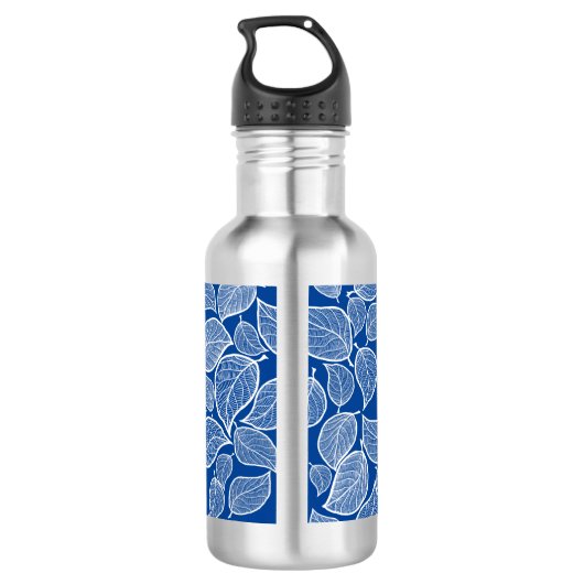 Witte bladeren op blauw waterfles (Achterkant)