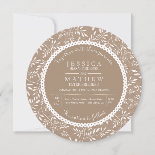 Witte bladeren patroon kraft paper rustige bruilof kaart (Voorkant)