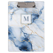 Witte Blau Gouden Marmeren Monogram Klembord (Voorkant)