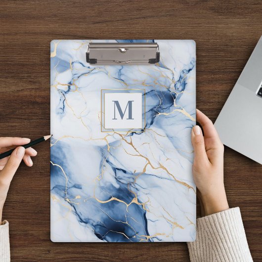 Witte Blau Gouden Marmeren Monogram Klembord