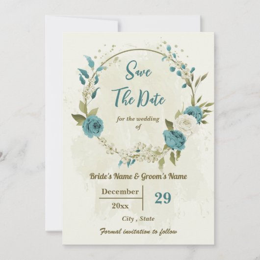 witte & blauwe bloemen botanische bruiloft save the date (Voorkant)