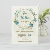 witte & blauwe bloemen botanische bruiloft save the date (Staand voorkant)