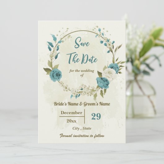 witte & blauwe bloemen botanische bruiloft save the date (Staand voorkant)