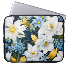 Witte Blauwe Bloemen Laptop Sleeve