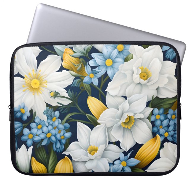 Witte Blauwe Bloemen Laptop Sleeve (Voorkant)