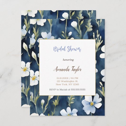Witte Blauwe Bloemen Minimaal Bruidsdouchekaart Informatiekaartje (Voorkant / Achterkant)