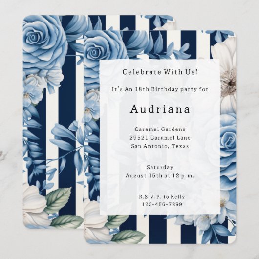 Witte Blauwe Bloemen Strepen Verjaardag Kaart (Voorkant / Achterkant)