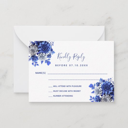 Witte blauwe bloemen trouwreactie RSVP Notitiekaartje (Voorkant)