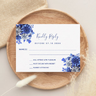 Witte blauwe bloemen trouwreactie RSVP Notitiekaartje