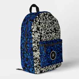 Witte & blauwe bloemen zwarte achtergrond bedrukte rugzak