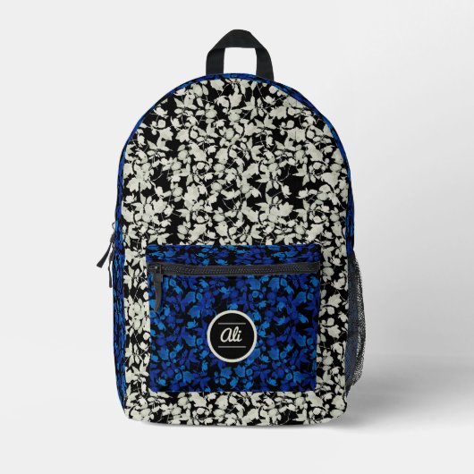 Witte & blauwe bloemen zwarte achtergrond bedrukte rugzak (Voorkant)