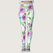 Witte blauwe en paarse bloem leggings (Voorkant)