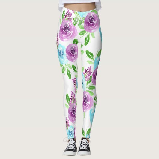 Witte blauwe en paarse bloem leggings (Voorkant)
