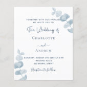 Witte blauwe eucalyptus budget bruiloft uitnodigin (Voorkant)