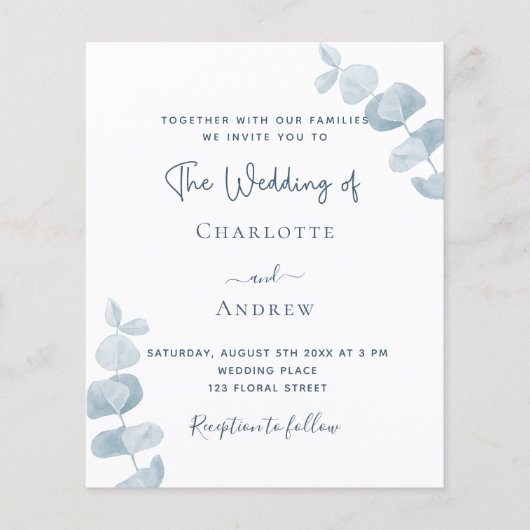 Witte blauwe eucalyptus budget bruiloft uitnodigin (Voorkant)