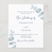 Witte blauwe eucalyptus budget bruiloft uitnodigin (Voorkant)