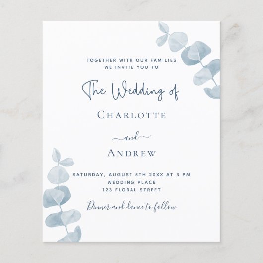 Witte blauwe eucalyptus budget bruiloft uitnodigin (Voorkant)