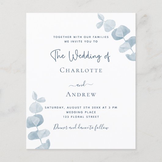 Witte blauwe eucalyptus budget bruiloft uitnodigin flyer (Voorkant)