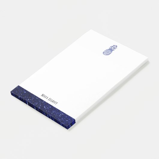 Witte + Blauwe Faux Glitter Ananas & Rand, Naam Post-it® Notes (Schuin)