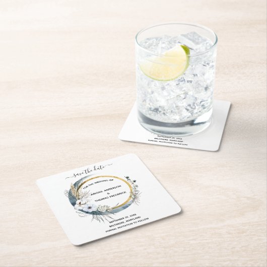 Witte Blauwe Floral Waterverf Elegant Wedding Kartonnen Onderzetters (Insitu)