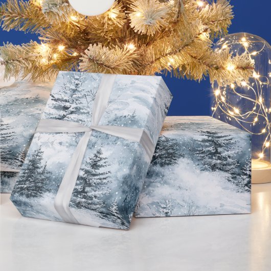 Witte blauwe kerstbomen wintersneeuw cadeaupapier (Feestdagen)