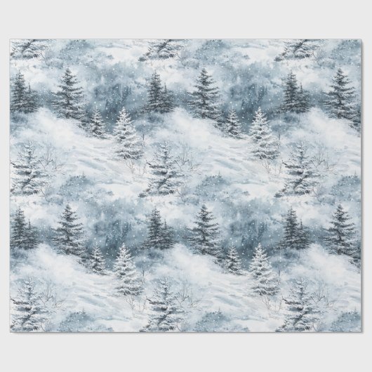 Witte blauwe kerstbomen wintersneeuw cadeaupapier (Vlak)