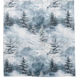 Witte blauwe kerstbomen wintersneeuw douchegordijn