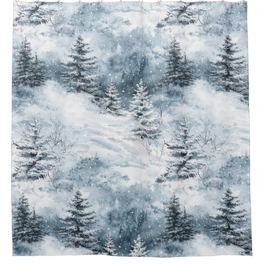 Witte blauwe kerstbomen wintersneeuw douchegordijn (Voorkant)