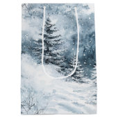Witte blauwe kerstbomen wintersneeuw medium cadeauzakje (Achterkant)