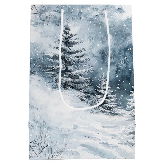 Witte blauwe kerstbomen wintersneeuw medium cadeauzakje (Achterkant)